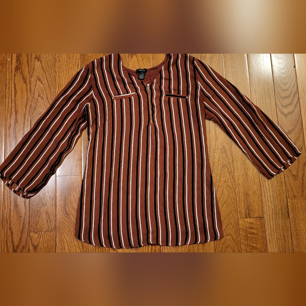 Rue 21 Womens Brown Stripe Zip Front Blouse